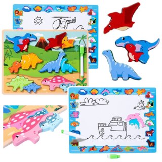 Układanka Tablica 2w1 Drewniana Edukacyjna Pisak Dinozaury 12el