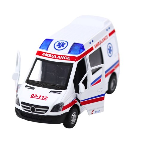 Karetka Ambulans Metalowy Z Napędem Pull Back Światła Dźwięki Biały 1:32