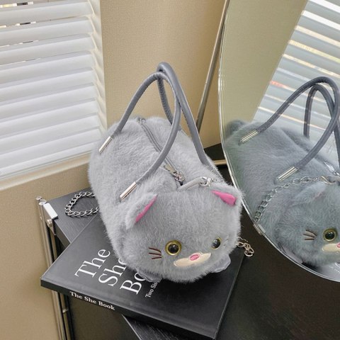 Pluszowa Torebka W Kształcie Kota Uchwyty Łańcuszek Szara