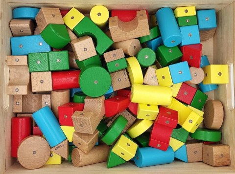 Drewniane klocki magnetyczne WABI zestaw edukacyjny 120 elementów z tacką 3+
