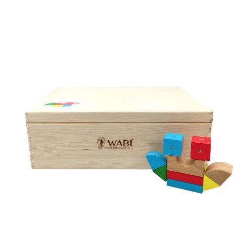 Drewniane klocki magnetyczne WABI zestaw edukacyjny 120 elementów z tacką 3+