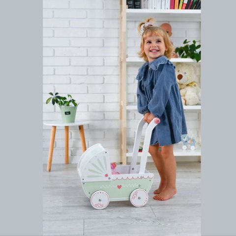 Drewniany pastelowy wózek dla lalek