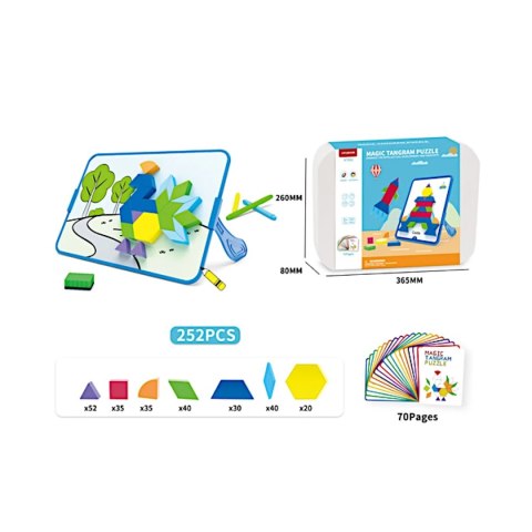 Magnetyczna mozaika klocki Tangram z tablicą - 252 el. + karty pracy