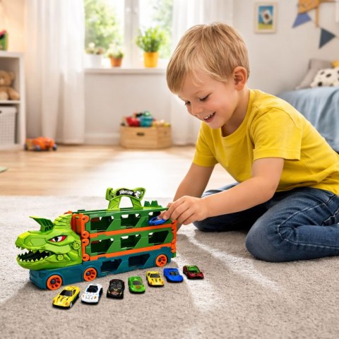 Ciężarówka Dinozaur z Resorakami Tor Dla Autek Transporter Wyrzutnia 4w1