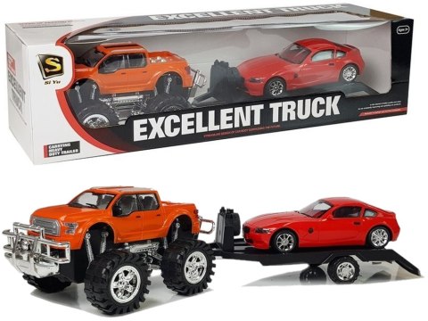 Zestaw Pojazdów Pomarańczowy Monster Truck Czerwone BMW Laweta 58 cm Zestaw Pojazdów Pomarańczowy Monster Truck Czerwone BMW Laweta 58 cm